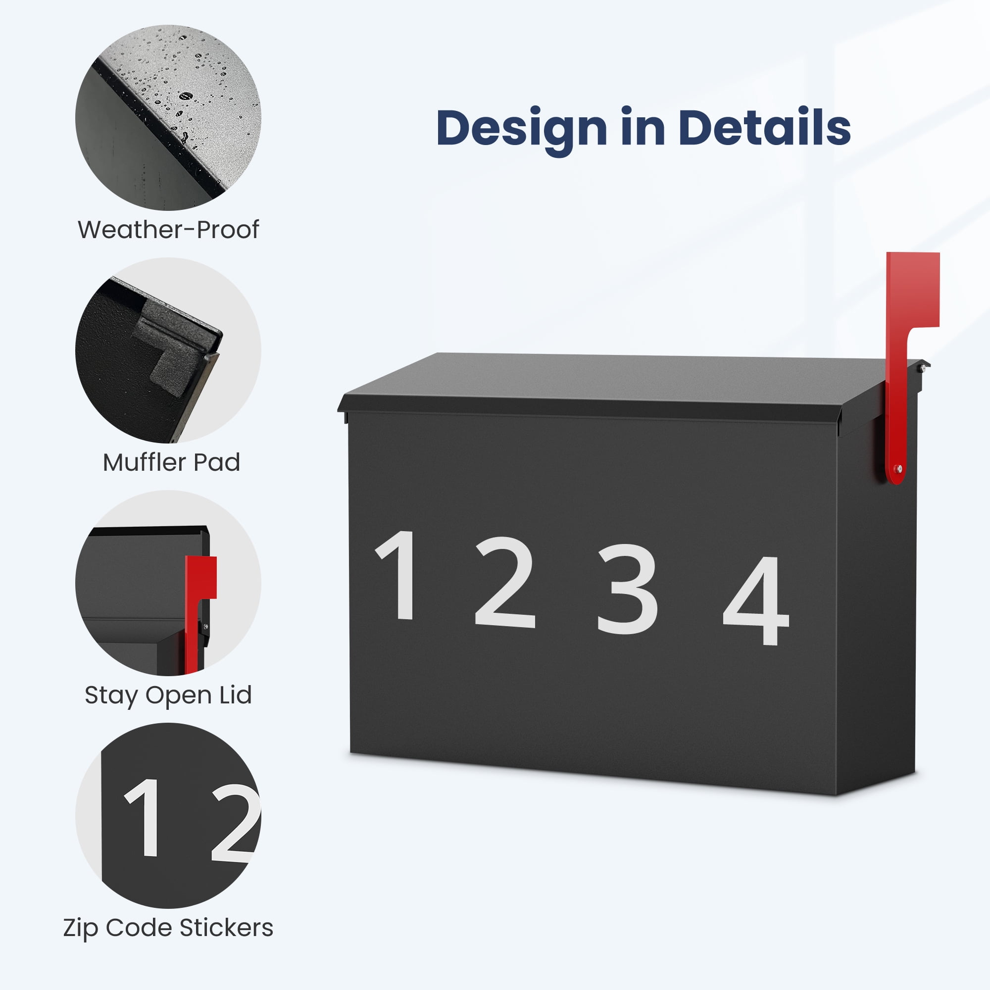 Modern Mailboxes for Outside, Metal Wall Mount Mailbox, with One Flag Kit and 4 Sets of Mailbox Number Stickers