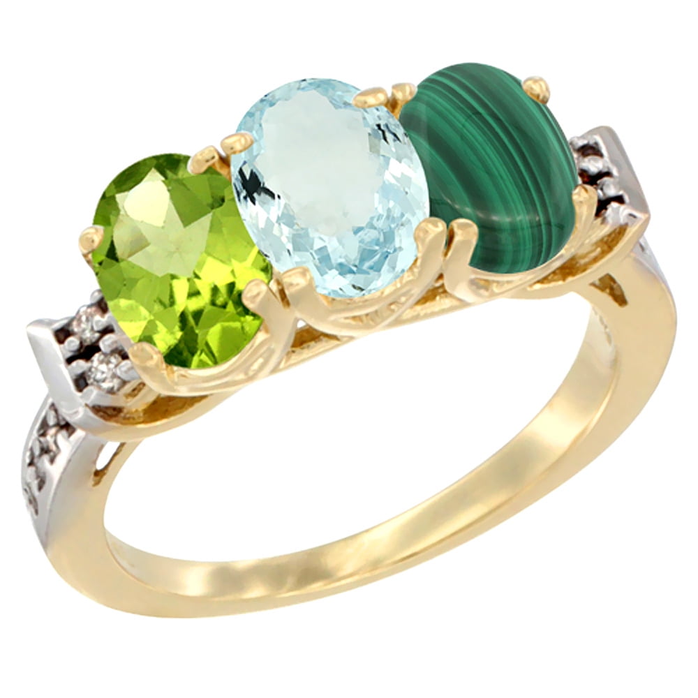 10K Yellow Gold Natural Peridot, Aquamarine & Malachite Ring 3-Stone Oval 7x5 mm Diamond Accent, sizes 5 10 by WorldJewels
