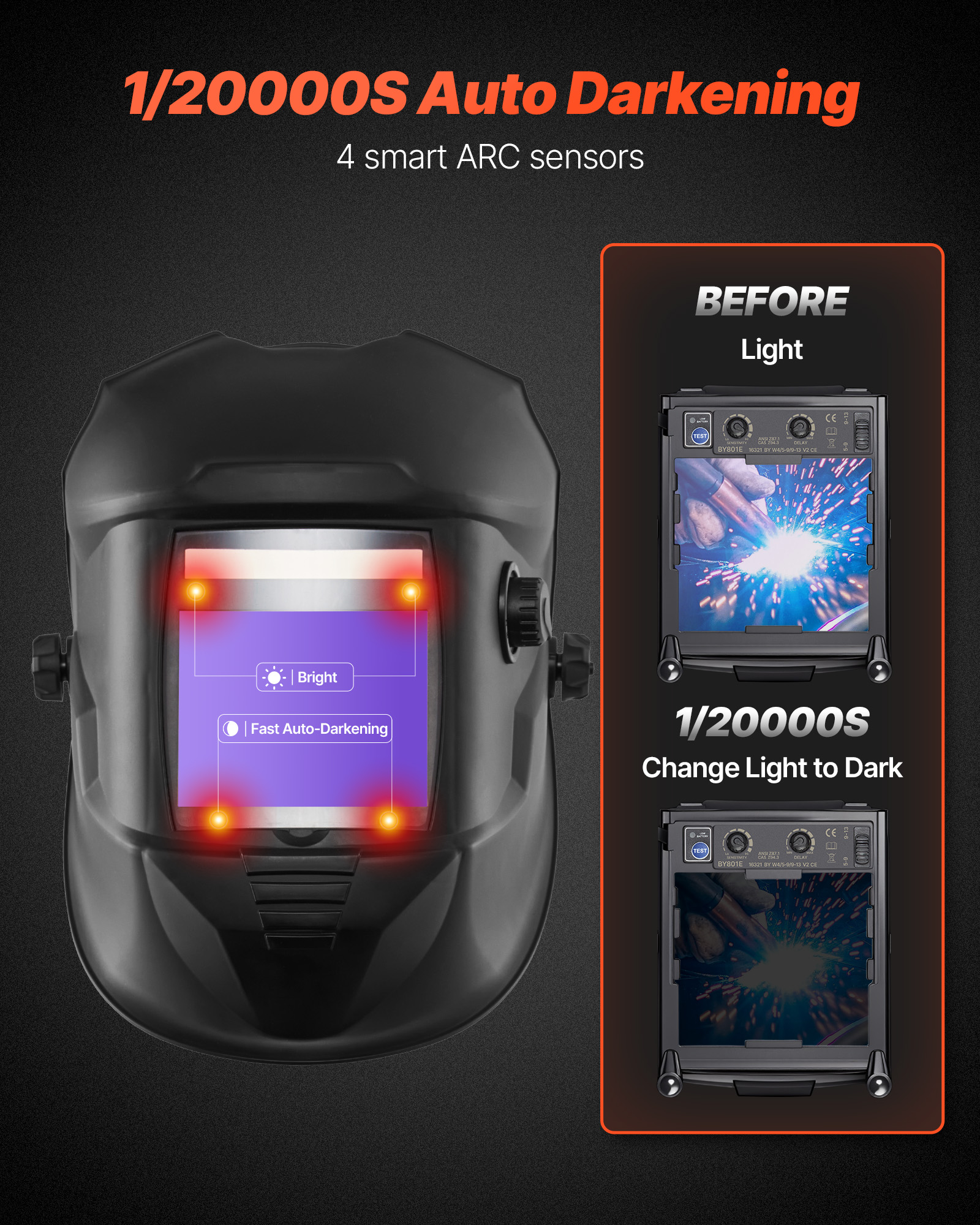 VEVOR Welding Helmet Auto Darkening, 3.94" x 3.15" True Color Welding Hood, Solar-Powered Welder Mask 4 Arc Sensors,Wide Shade 4/5-9/9-13 for TIG MIG Weld Cutting Grinding Application - METIS Series