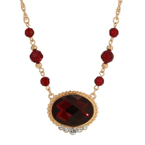 1928 Jewelry Women's Radiant Siam Red Oval Stone & Glass Crystal Pendant Necklace 16" 3" Extender