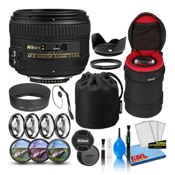 Nikon AF-S NIKKOR 50mm F/1.4G Compact Prime Lens (2180) Intl with Padded Lens Case   Macro Filter Kit   UV, CPL, FL Lens Filters   Tulip Hood   Lens Cap Keeper   Cleaning Kit