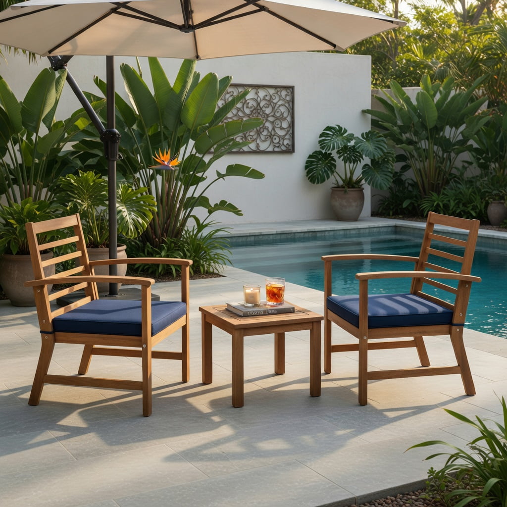Hommoo 3-Piece Acacia Wood Outdoor Patio Furniture Set with Cushions, Durable Backyard Seating for Poolside, Porch, or Deck, Navy