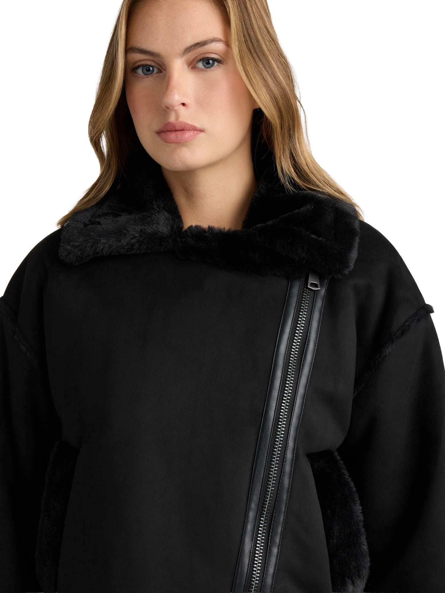 NOVELTI Womens Faux Shearling Short Zip Up Biker Jacket