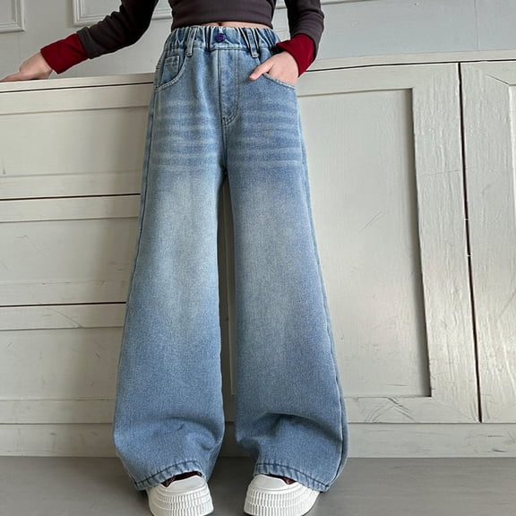 hengsof Girls Embroidered Heart Detail Stretch Denim Jeans Straight Leg Relaxed Fit Pants Comfort Casual Trousers with Functional Pockets Size 4-15 Years