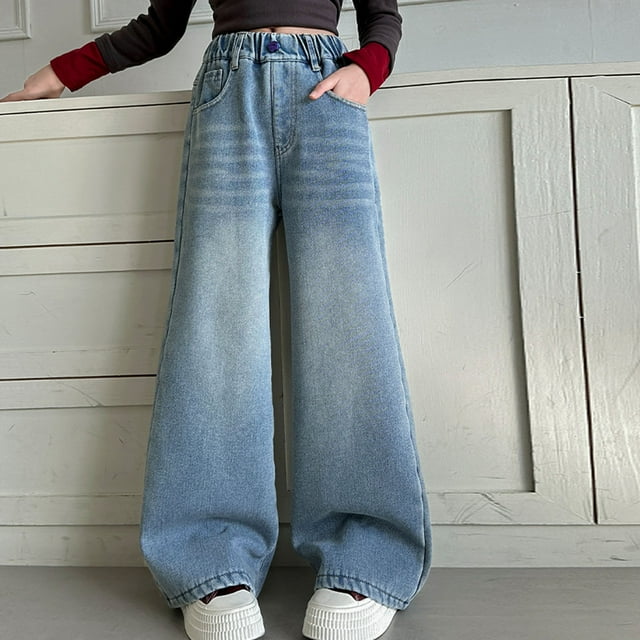 Cowsor Girls Baggy Jeans Distressed Denim Pants Elastic Waist Wide Leg Jeans for Girls Kids Loose