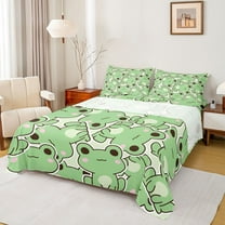 Homewish Kawaii Frogs 3pcs Twin Sheet Sets For Preppy Children,Cartoon Animal Twin Fitted Sheet,Green Pink Breathable Flat Sheet,Microfiber Bedroom Decor