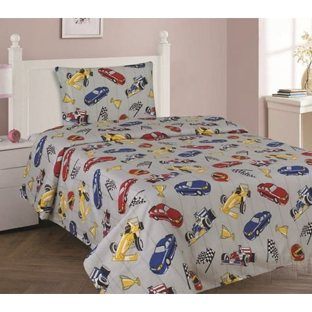 Kids Bed Sheets Race Cars RACE CAR Twin Size 3-Piece Kids Printed Microfiber Bedding Sheet Set 1 Flat Sheet, 1 Fitted Sheet, and 1 Pillowcase ()