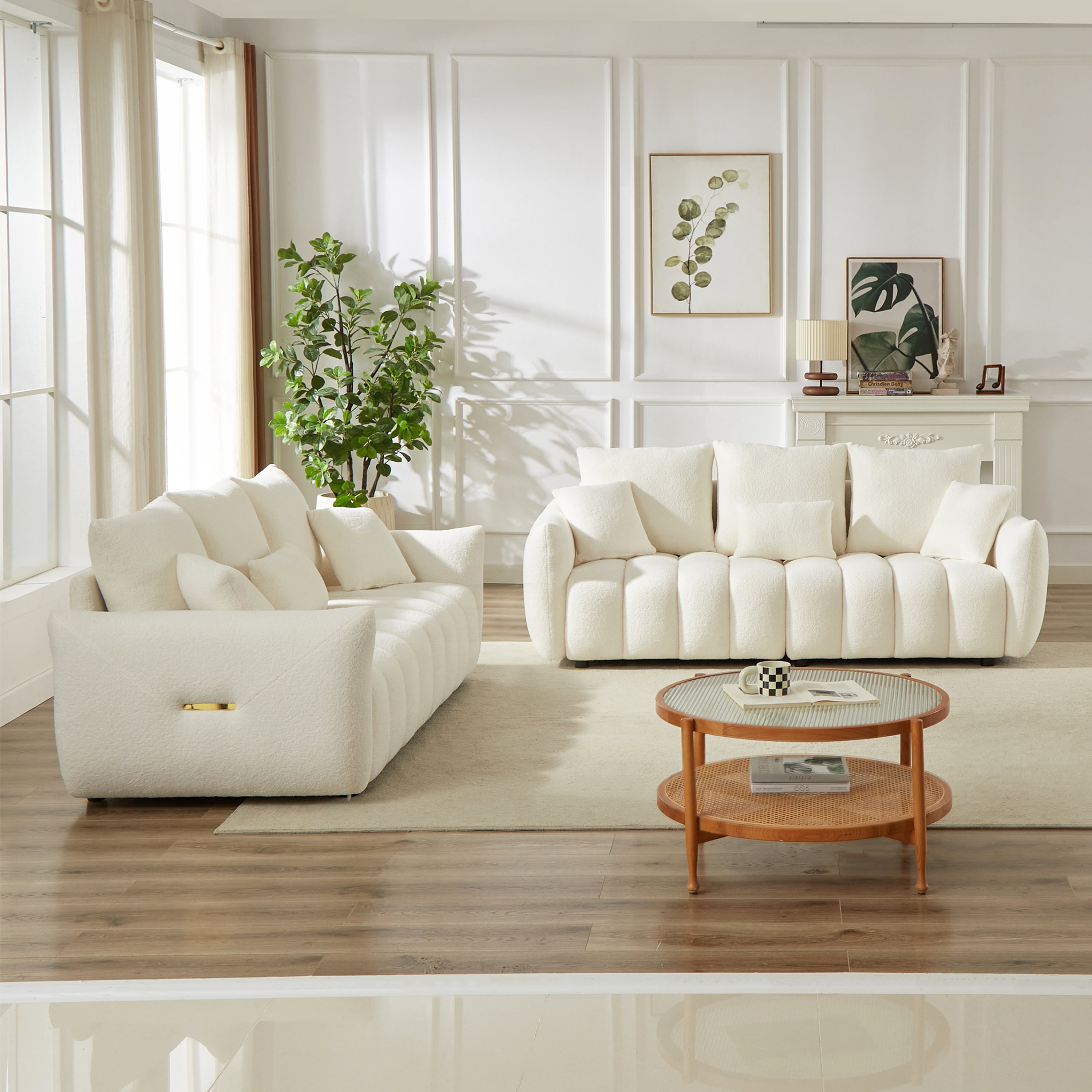 Combo Sofa Set 3+3 Seater with 6 Cushions, Teddy Fleece Wooden Frame Modern Living Room Sofa for Apartment, Beige