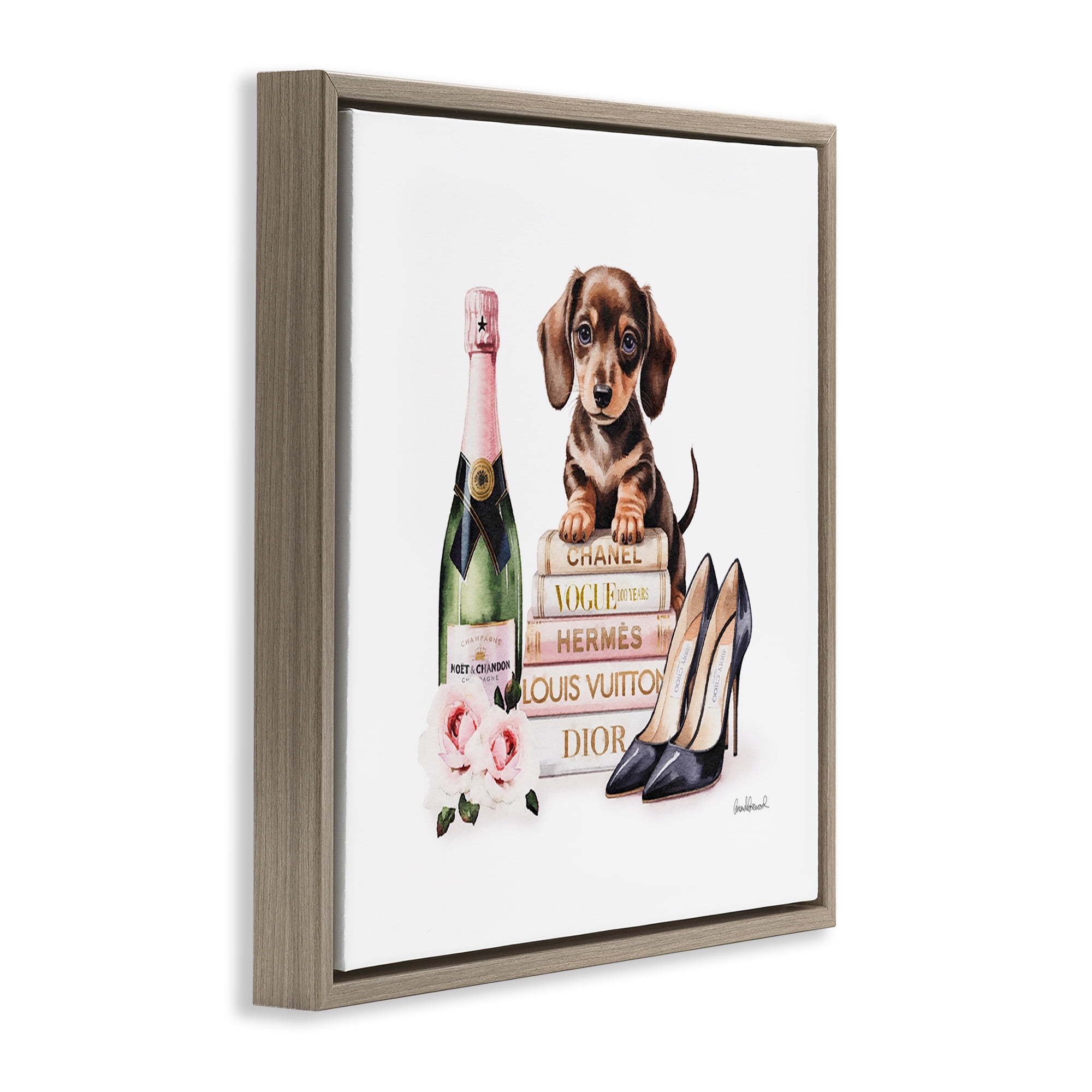 Stupell Industries Luxury Books & Puppy Brown Framed Floater Canvas Wall Art, design by Amanda Greenwood