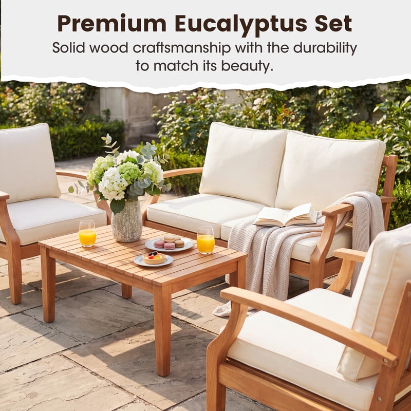 Vineego 4-Piece Patio Conversation Set, Eucalyptus Wood Outdoor Sectional Sofa with 4" Thick Cushions, Patio Furniture for Backyard, Deck, Balcony & Porch