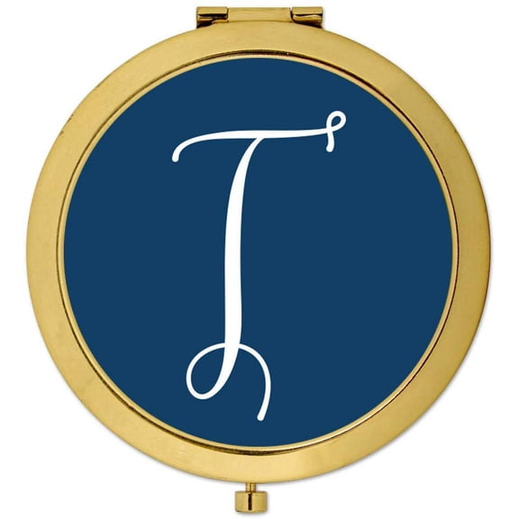 Koyal Wholesale Gold Compact Mirror Bridesmaid's Wedding Gift, Navy Blue, Monogram Letter T, 1-Pack