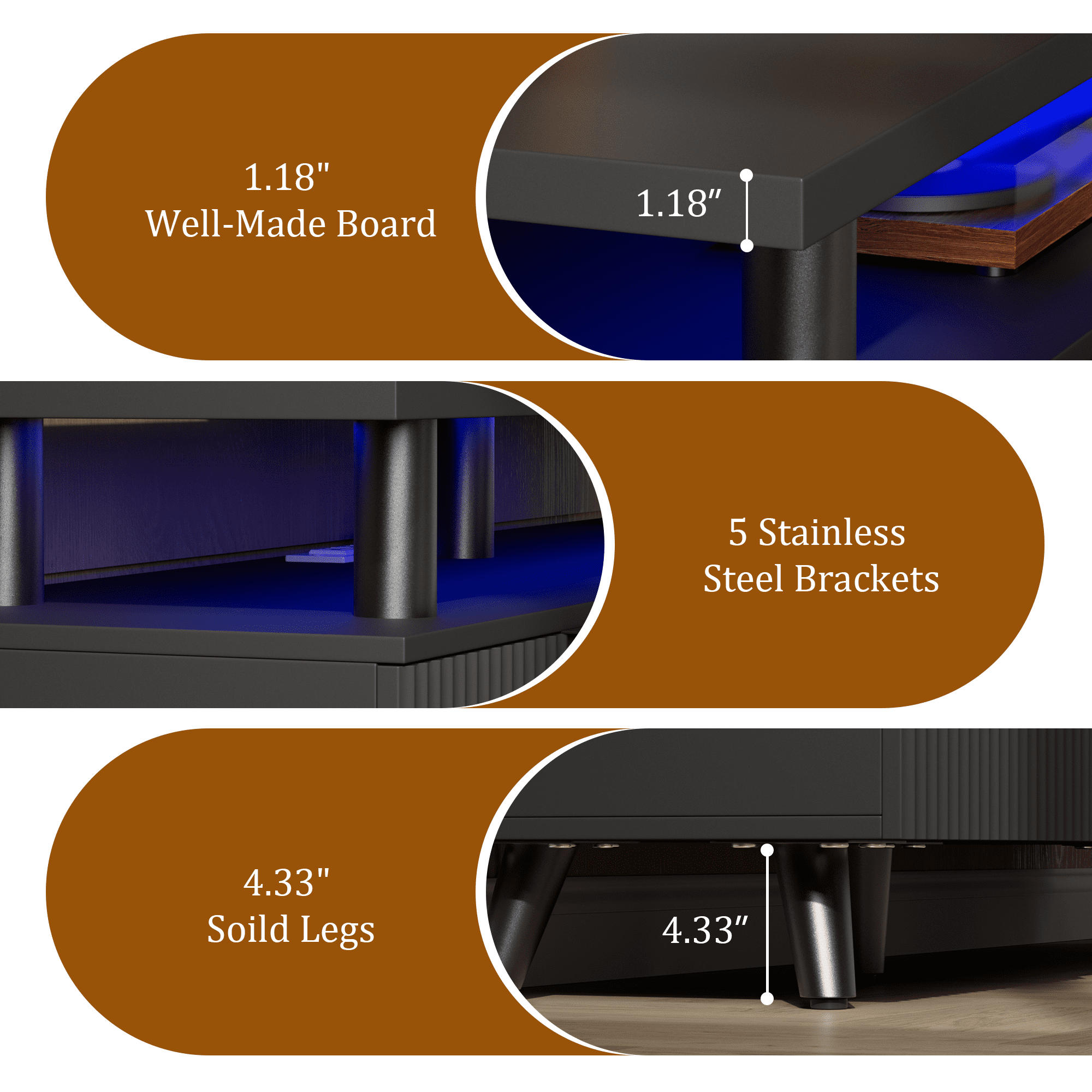 Laintene TV Stand for 65" TV, LED Entertainment Center with Adjustable Shelves, Storage Cabinets & Power Outlets, Fluted TV Console for Living Room, Black Finish