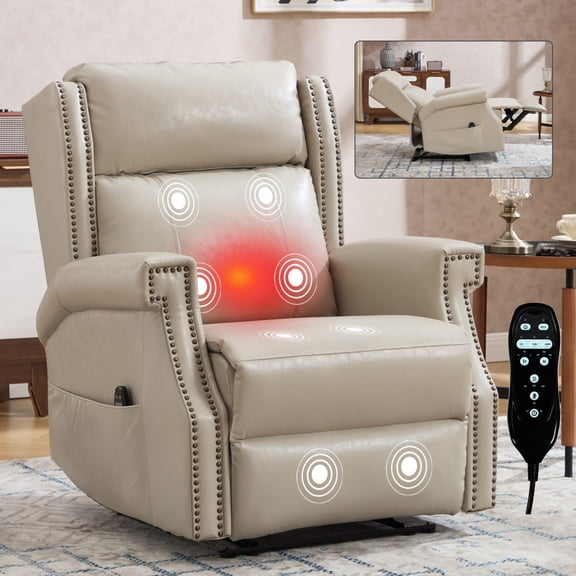 Youmumeub Massage Recliner Chair with Heat, Beige Vintage Faux Leather Manual Reclining Sofa, 155° Heavy Duty Lounge Chair for Living Room, 8 Vibration Nodes & Remote Control