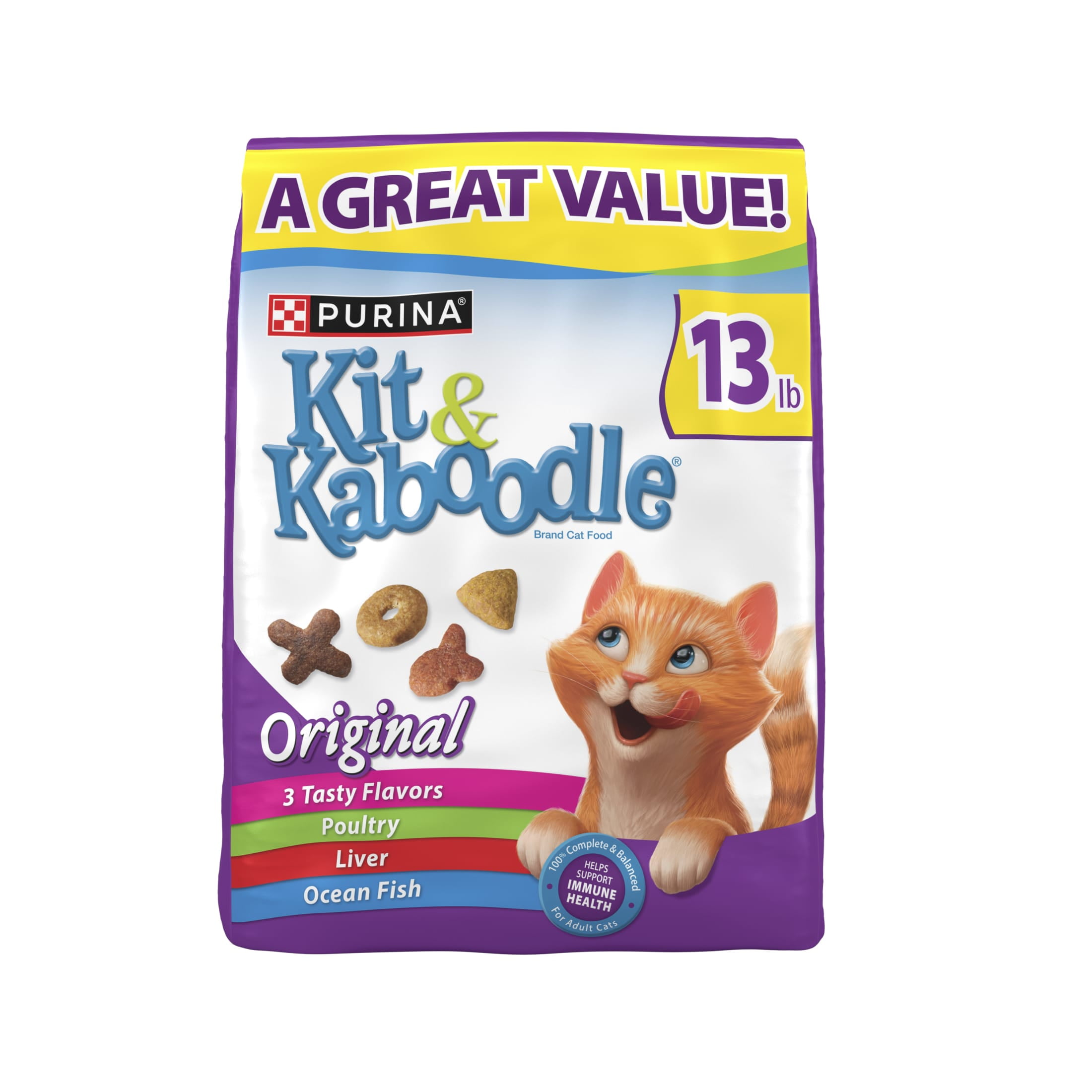 (3 pack) Purina Kit & Kaboodle Original, Indoor Dry Cat Food, Chicken, Liver, Turkey, Oceanfish, 13 lb Bag