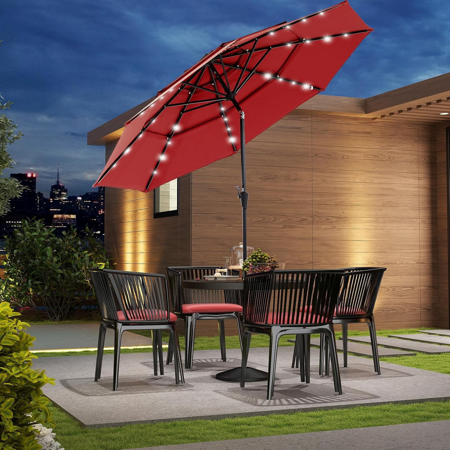 JIOABL 10FT Solar Patio Umbrella with 32 LED Lights, Tilt and Vent, 8 Ribs for Garden, Deck, Patio, Red