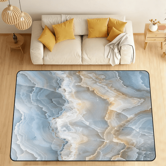 CURLYOOT Marble Area Rugs for Living Room Bedroom, 4' 10" x 6' 8" Washable Rug, Abstract Blue Gold White Floor Carpet with Non Slip Backing for Dining Room Indoor