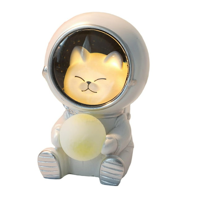 Lámpara de mesa con forma de astronauta adorable, hecha de resina, con luz nocturna LED. Gato