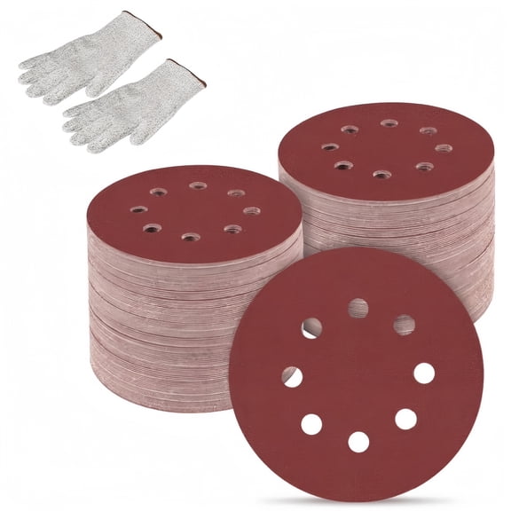 85 Pack 5 Inch 8-Hole Sanding Discs Set,Flocked Sandpaper Assorted Grit 60/80/120/180/240/320,Sandpaper for Woodworking, Automotive,Metal Polishing, with Work Gloves