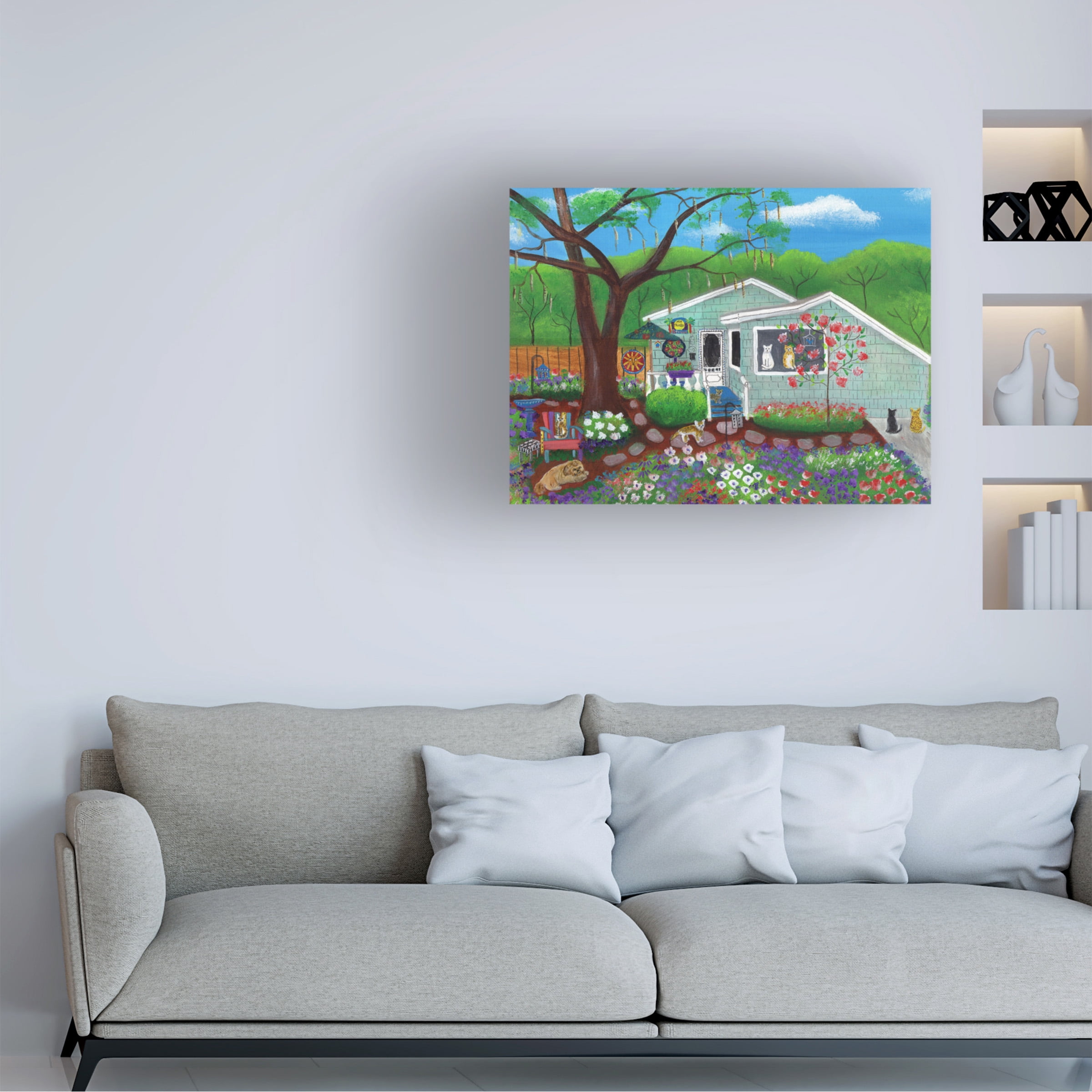 Trademark Fine Art 'Cats and Dog at Garden Folk Art House' Canvas Art by Cheryl Bartley