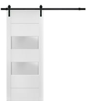 Sturdy Barn Door 42 x 84 inches Frosted Glass 2 lites | Lucia 4010 White Silk | 8FT Rail Hangers Heavy Hardware Set | Solid Panel Interior Doors