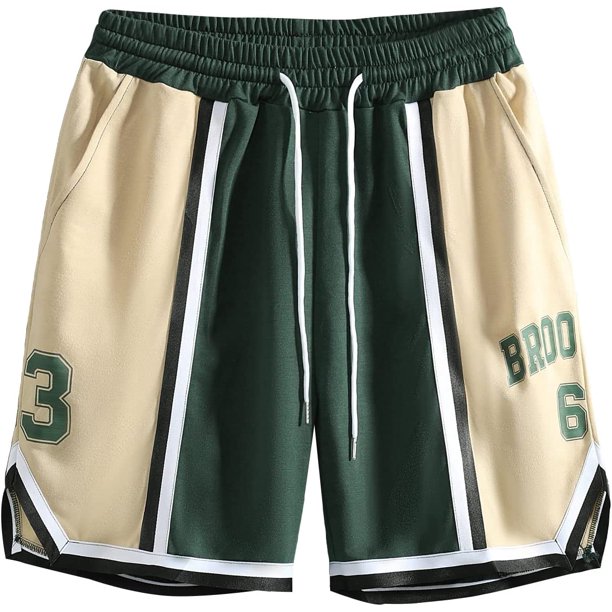 Pantalones cortos de entrenamiento con estampado de letras y bloques de color para hombre, con cordón en la cintura y bolsillos Caqui y verde M Caqui y verde M Xishao ropa