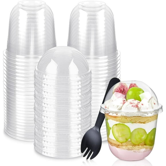 Qucyy 50 Pack 12 Ounces Plastic Dessert Cups with Dome Lids (No Holes) and Fork Spoon, Clear Disposable Yogurt Parfait Cups with Lids, Individual Party Snack Cups for Pudding Dessert Fruit Cake