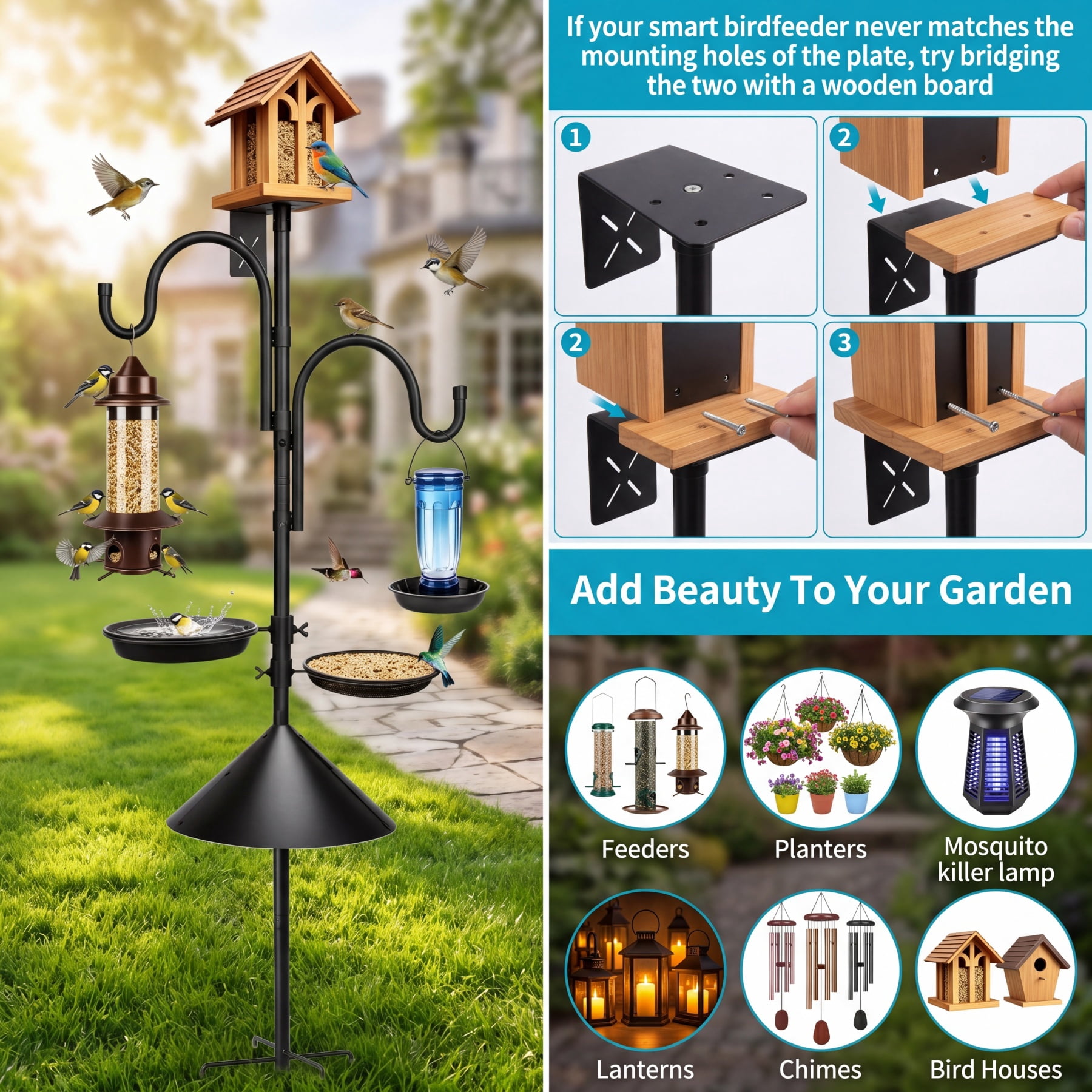Umailgoo 92" Bird Feeding Station,Heavy Duty Bird Feeder Pole Bird House Stand Mount Kit with Squirrel Proof Baffle,Adjustable Buddy Poles for Outdoors Hanging