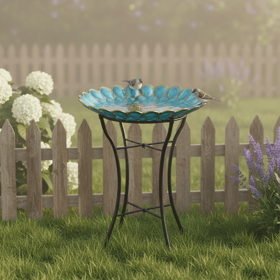 Teamson Home 18" Outdoor Solar Glass Flower Mosaic Birdbath with LED Lights and Stand, Blue