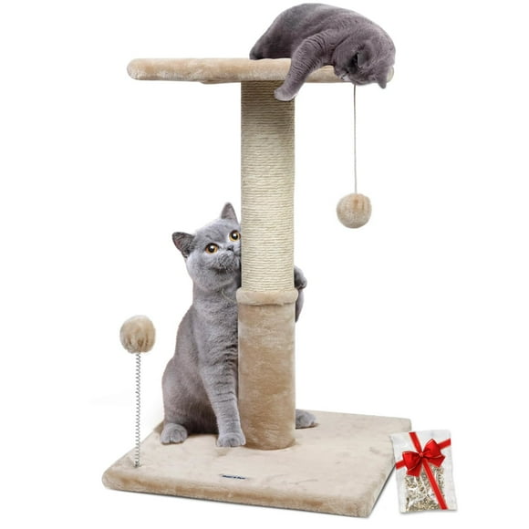 Happi N Pets 26"/66CM Cat Scratching Post with Perch, Natural Sisal Scratchers Trees for Indoor Cats, Featuring with Hanging Balls & Cozy Cat Perch, Stable Cat