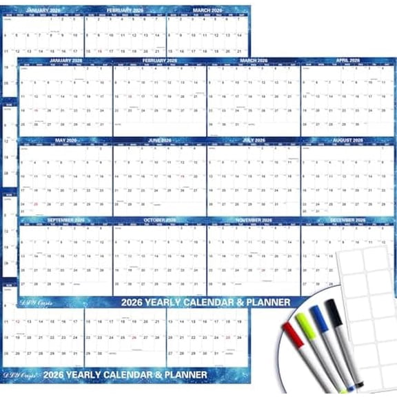 32" x 48" 2026 Wall Calendar Dry Erase - Large Starry Sky Calendar Wet & Dry Erasable Laminated 12 Month Annual Yearly Planner, Reversible, Horizontal/Vertical, Blue$$Office