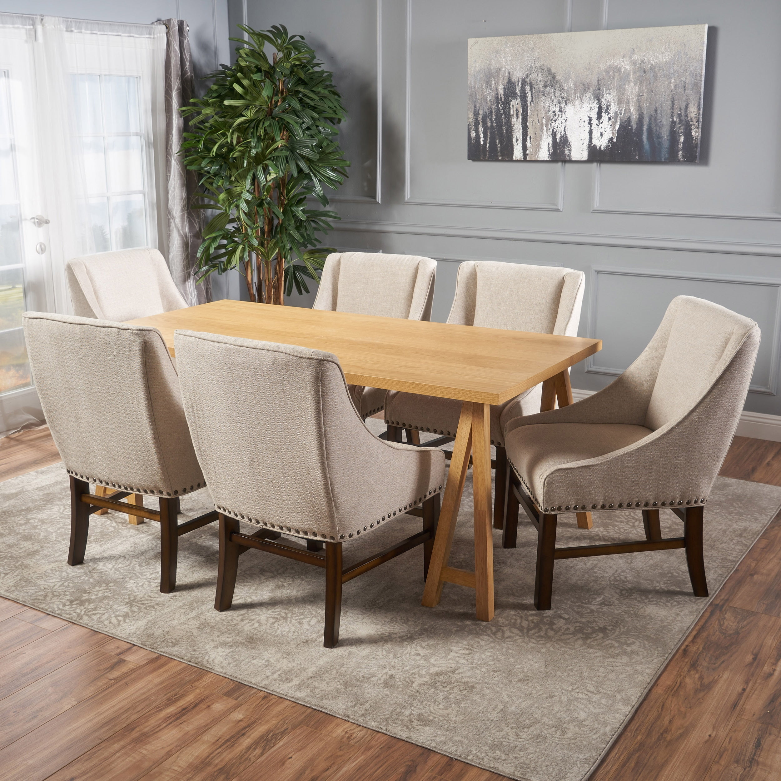 Noble House Montecito Farmhouse Natural Oak Wood 7-piece Rectangular