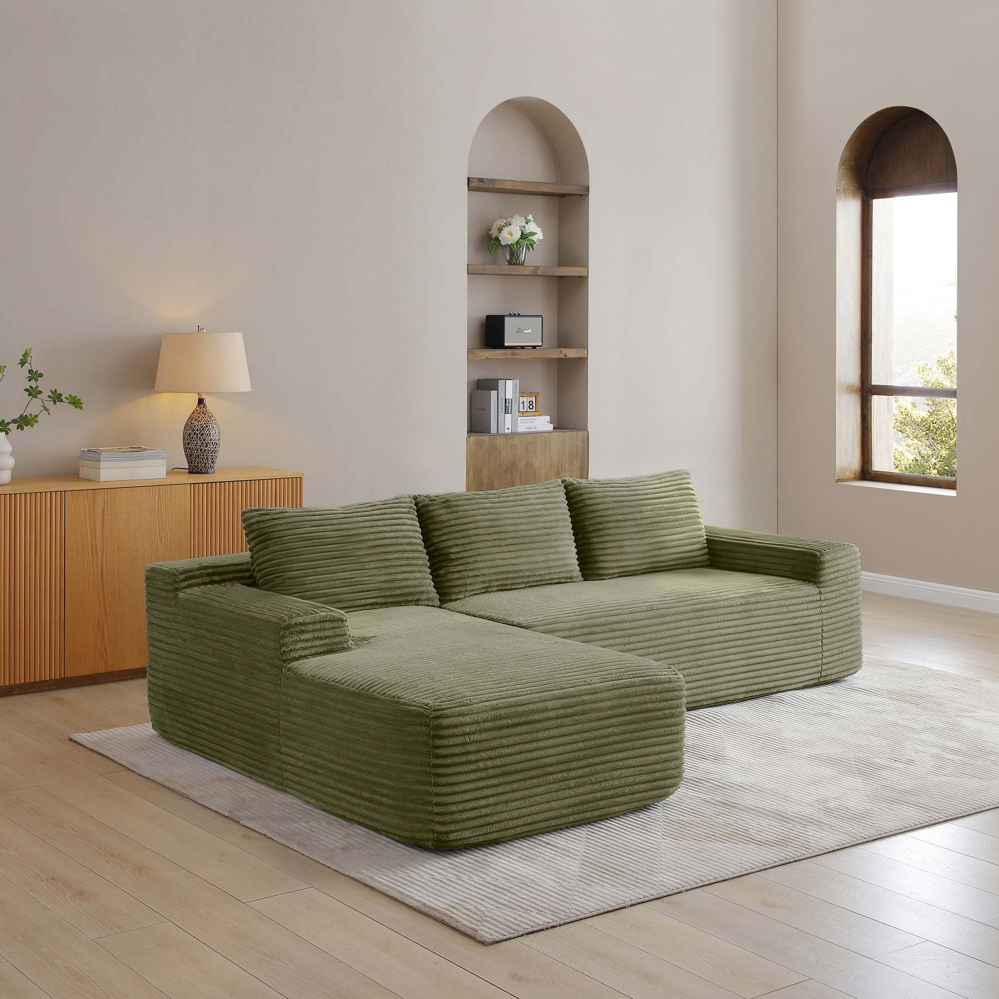 Miniyam Modern 97" L-Shape Couch with Chaise, Deep Seat Corduroy, No Assembly Needed (Left Facing Chaise, Green)