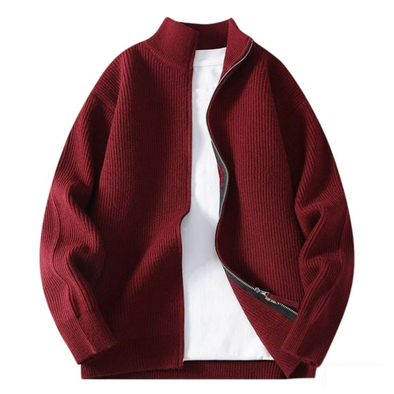 Bpmpbo Men's Ribbed Stand Collar Zip Up Sweater Teen Boys' Solid Color Relaxed Fit Knit Cardigan