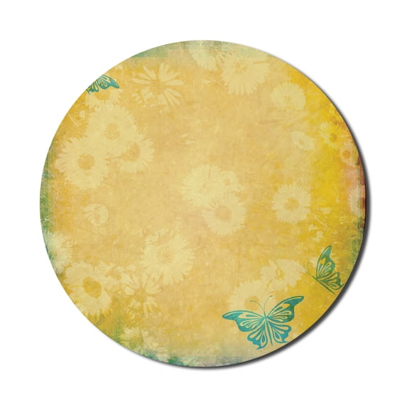 Vintage Mouse Pad for Computers, Grunge Look Faded Gerbera Daisy Flowers and Blue Butterflies Nostalgic Romantic, Round Non-Slip Thick Rubber Modern Mousepad, 8" Round, Multicolor, by Ambesonne