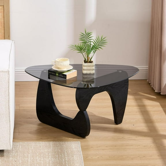Black Glass Coffee Table Modern Triangle Center Table for Living Room Abstract Coffee Tables with Light Natural Wooden Base&Tempered Transparent Glass Top