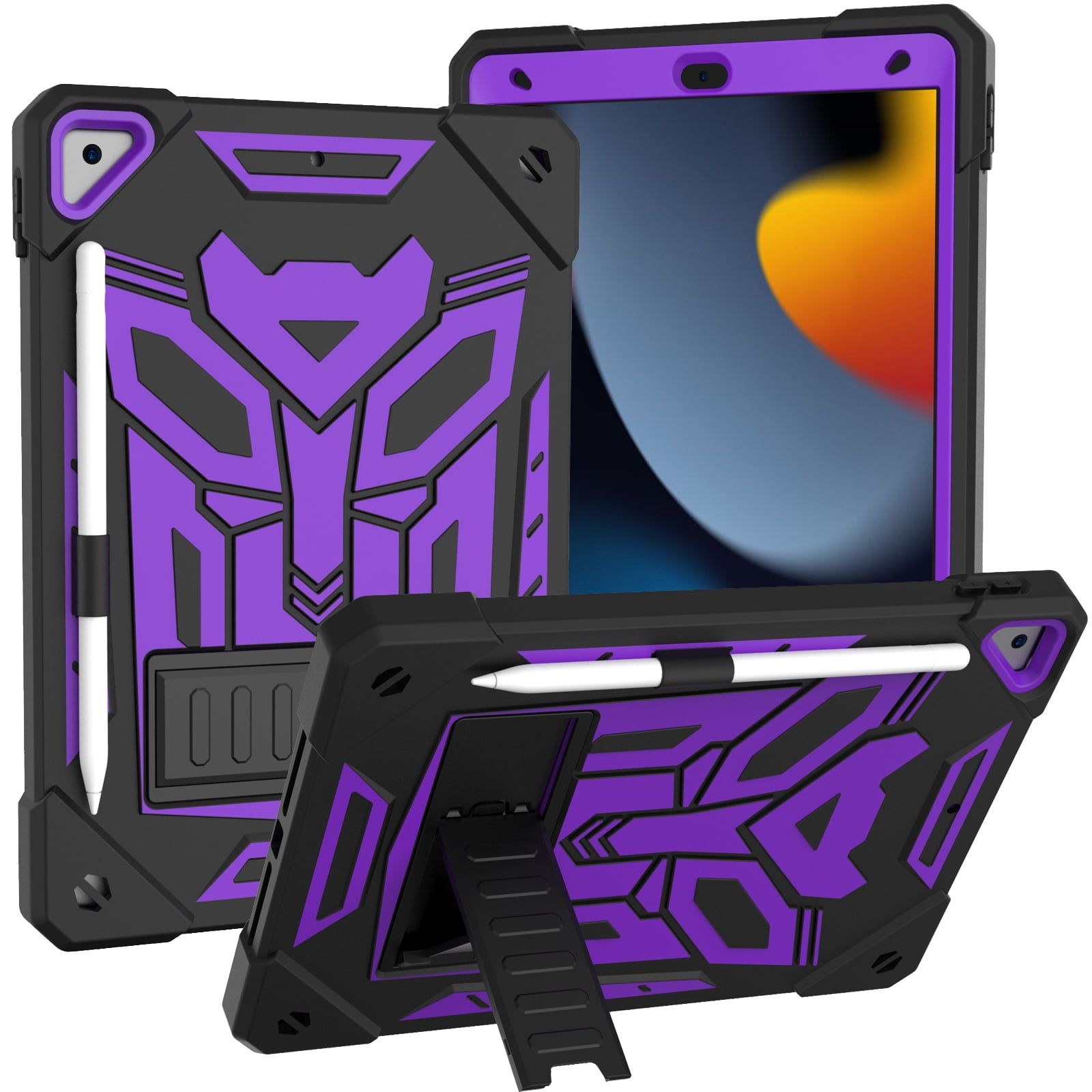 ELEHOLD Hybrid Rugged Case for iPad 9th/8th/7th Gen 10.2 2021/2020/2019, Heavy Duty Shockproof Case with Hidden Foldable Kickstand Adjustable Crossbody Shoulder Strap Pencil Holder,Black+Purple