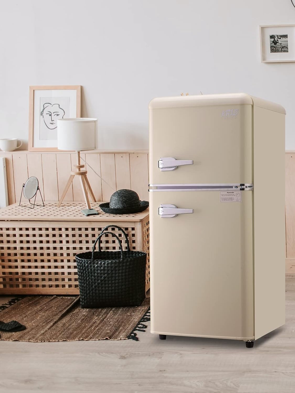 KRIB BLING 3.2 Cubic Feet Double Door Mini Fridge with Freezer, Mini Compact Refrigerator 2 Doors for Dorm, Office, Apartment, RV, Bedroom, Black