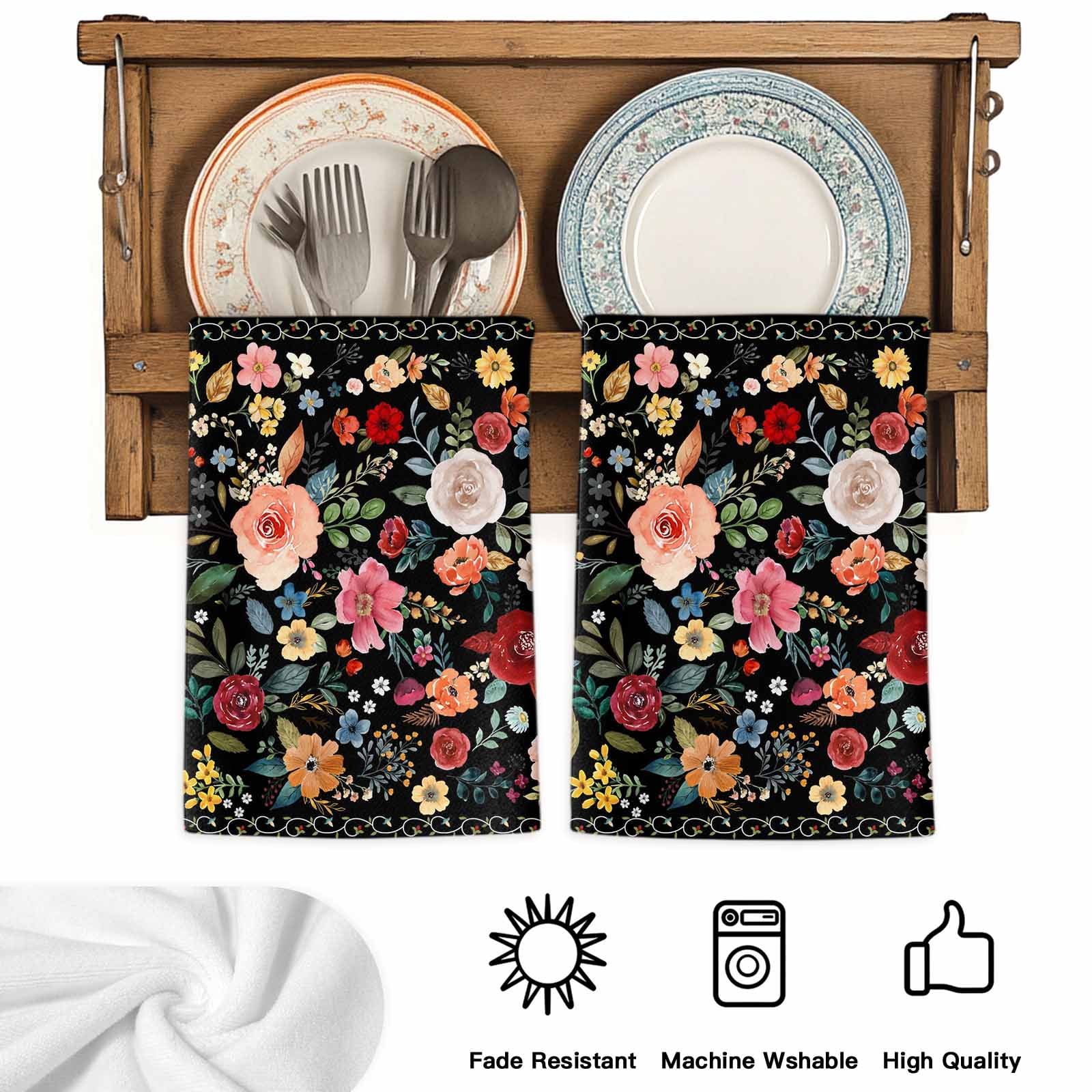 Dish Towels, Black Floral Absorbent Kitchen Towels 2 PCS, Farmhouse Vintage Flower Microfiber Hand Towels Dish Cloths Tea Towels for Home&nbsp;Bathroom Cleaning Drying,18X28-Inch,