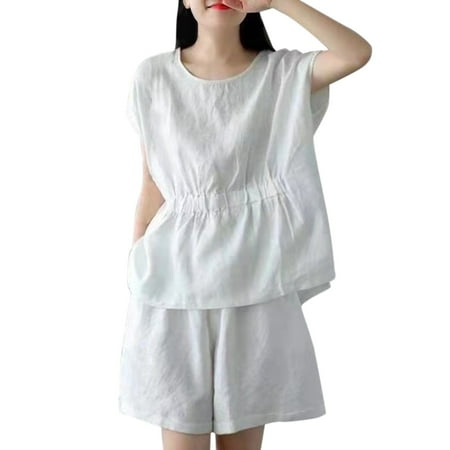 JDEFEG Womens Plus Size Swim Dress Womens Loose Crew Neck Top Shorts Casual Suit Womens Sports Suit Hoodie Sweat Pants Set Tracksuit White Size Xxl