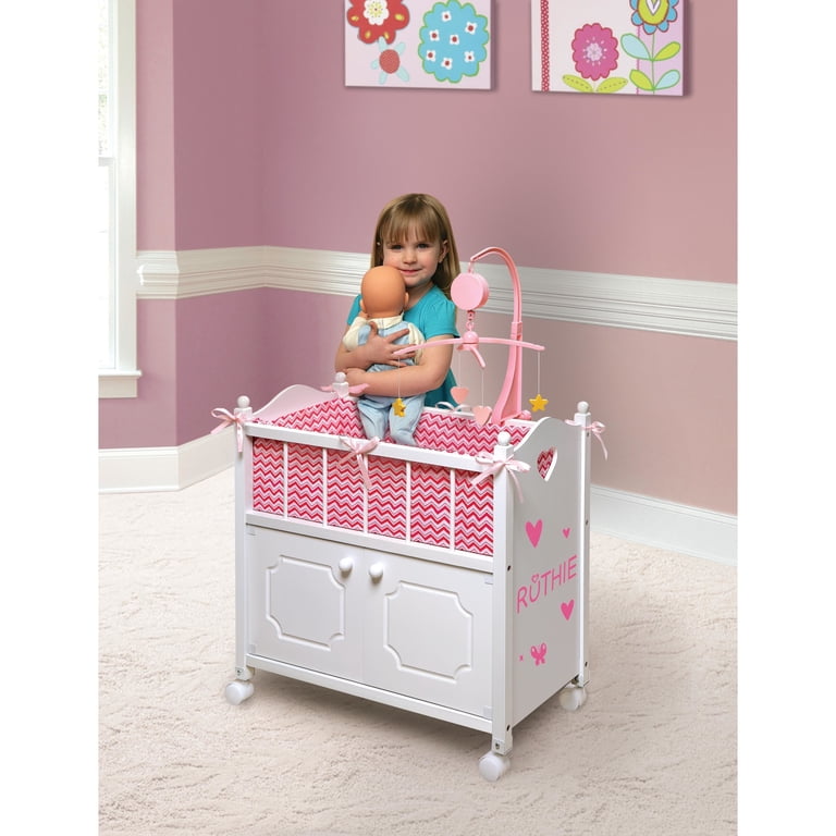 Cabinet Doll Crib with Chevron Bedding and Free Personalization