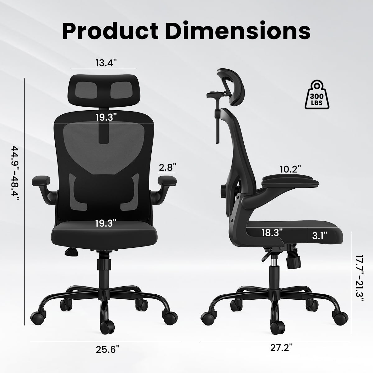 Ergonomic High Back Office Chair – Black with Adjustable Headrest & Lumbar Support, Flip-Up Armrests-Black + Nylon Mesh + Office