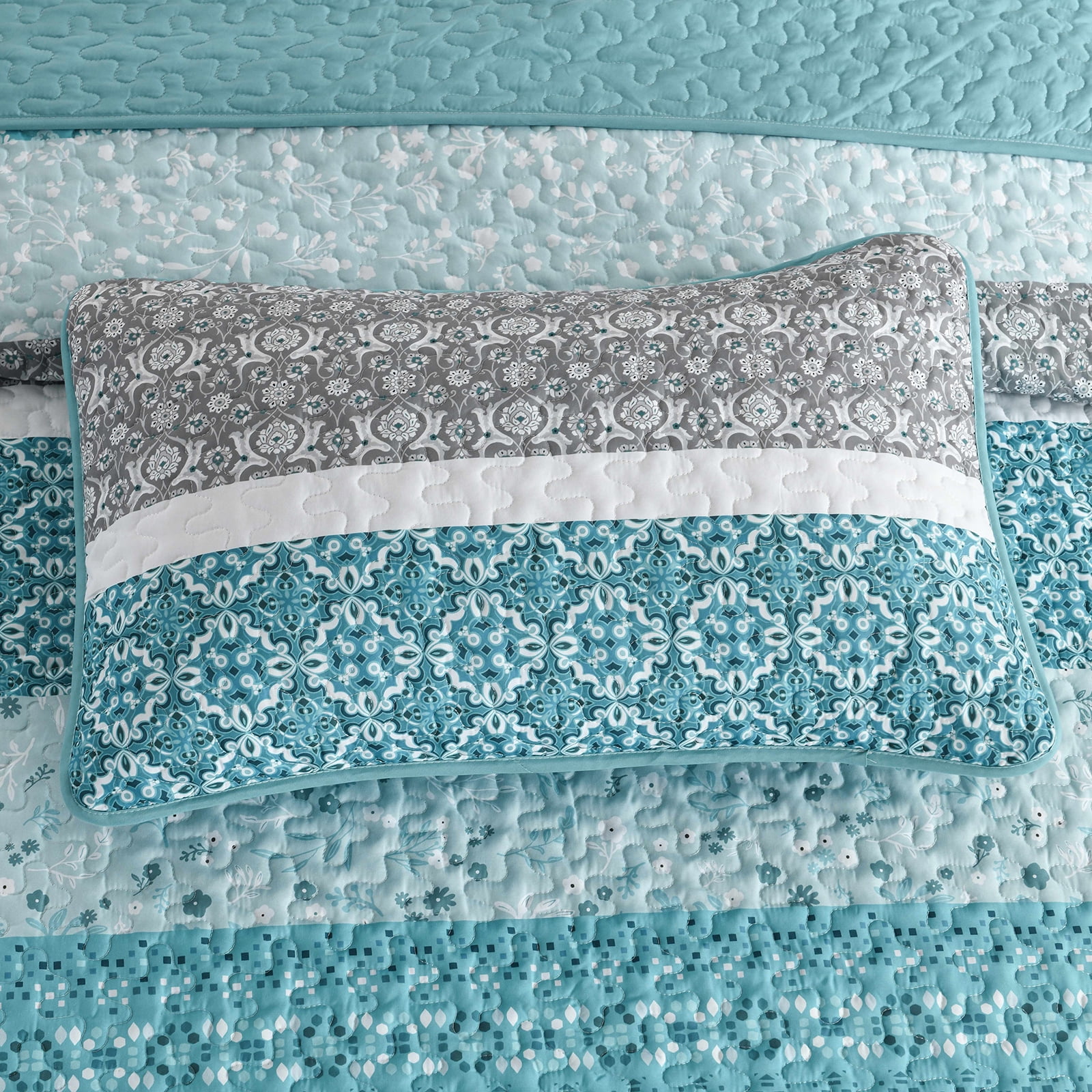Dintszyayue Boho Quilt Set Queen,3Pcs Floral Teal Bohemian Bedding Sets Striped Patchwork Bedspread Set Adult(90"×96")