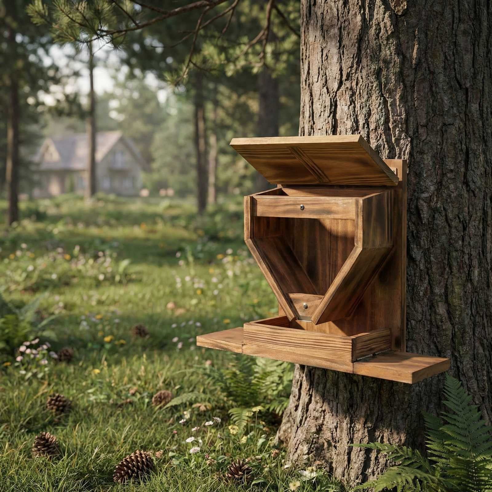 JIhuahe Squirrel Feeder with Round Transparent Window, Sturdy Outdoor Feeding Station with Ventilation Holes, Charred Wood Finish, Mounting Options Included