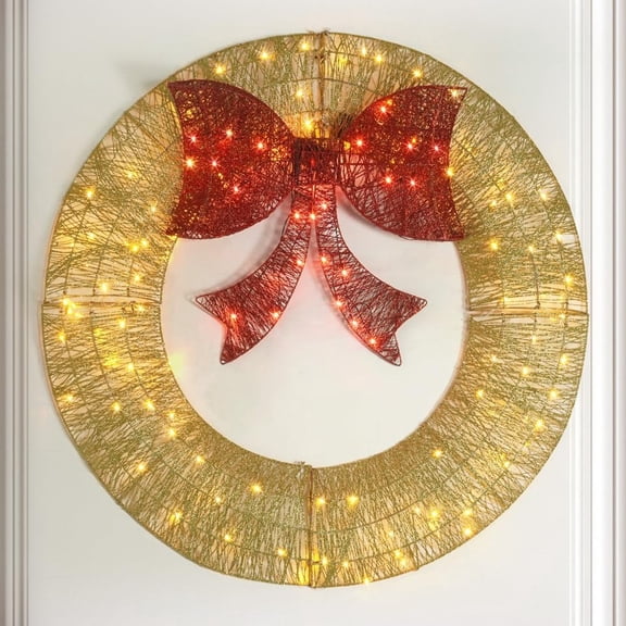 CAPHAUS 48” Lighted Metal Christmas Wreath, 4 FT Foldable Christmas Reef with 140 LED Lights, Bow, Metal Frame, 8 Light Modes, Christmas Holiday Decoration for Indoor, Home, Office, Gold
