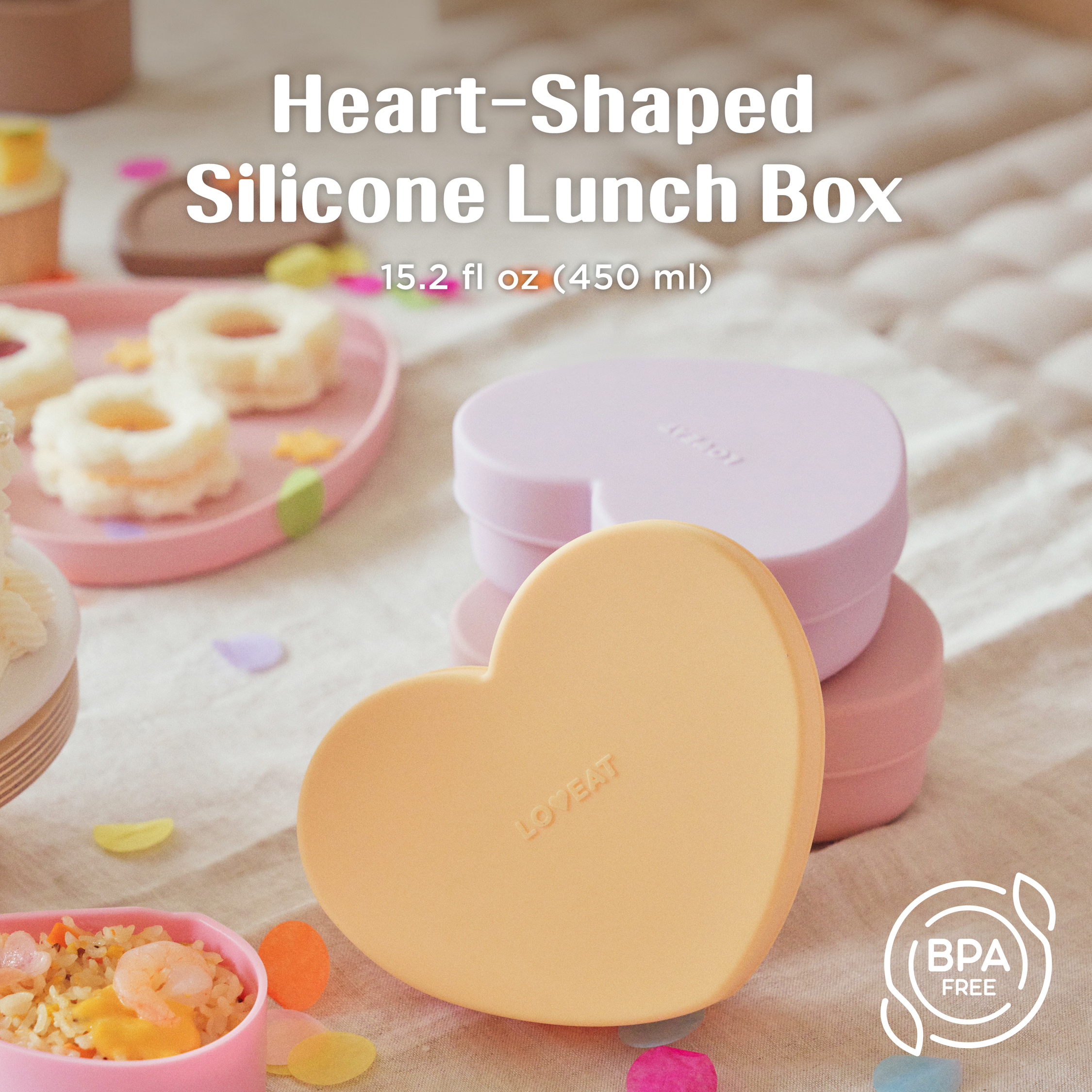LOVEAT Heart Baby Lunch Box 15.2 fl oz (450 ml) – Silicone Suction Divided Plate for Toddlers and Kids, BPA Free Feeding Dish with Lid, Microwave and Dishwasher Safe (Almond Milk)