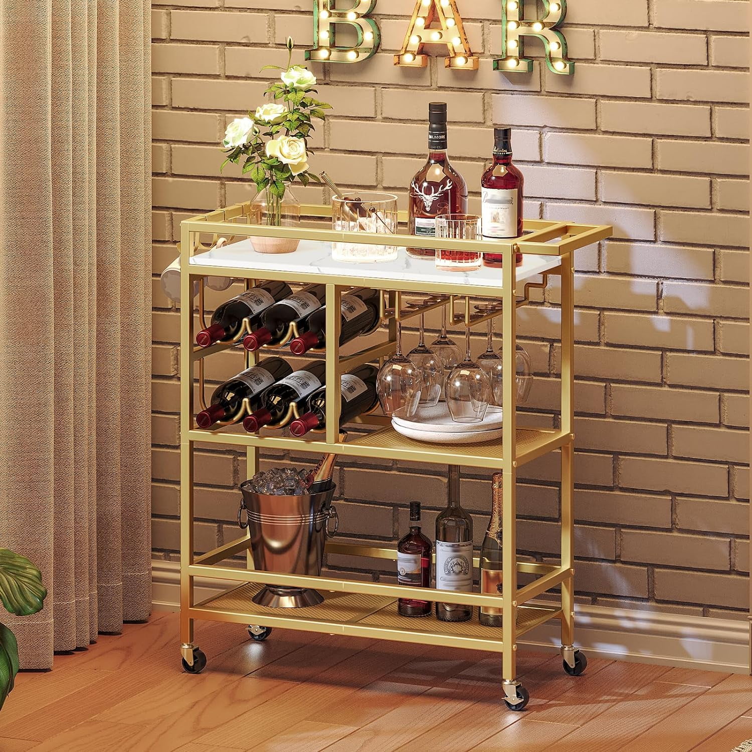 Ktaxon Home Apartment Bar Serving Cart, Sturdy Gold Wine Cart with
