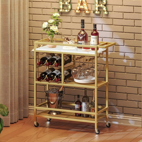 Bar Cart for Home, 3-Tier Serving Cart with Wheels and Handle, Beverage Cart with Wine Rack and Glass Holders, Rolling Wine Cart for Kitchen, Dining Room, Gold and White