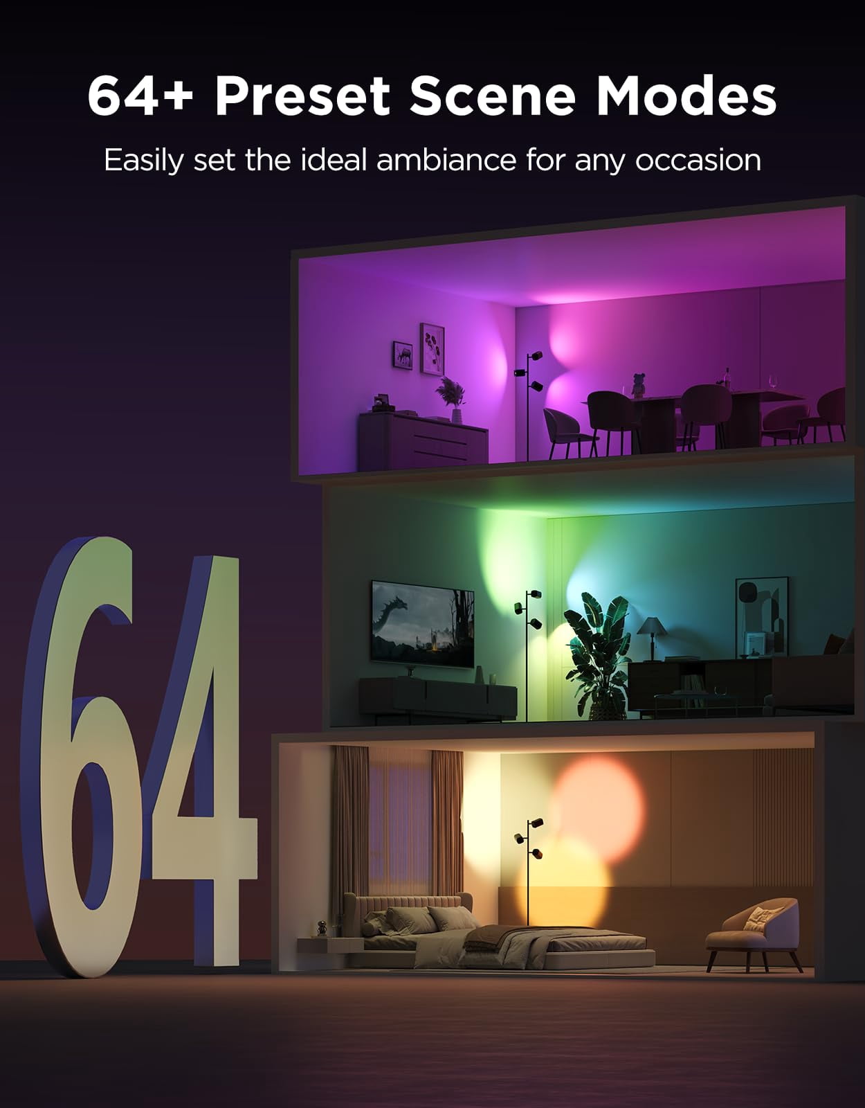Govee Tree Floor Lamp Compatible With Matter  3 Rotatable Lights Luminblend Technology Standing 64 Dynamic Scenes Music Sync Ideal For Living Room Bedroom Office