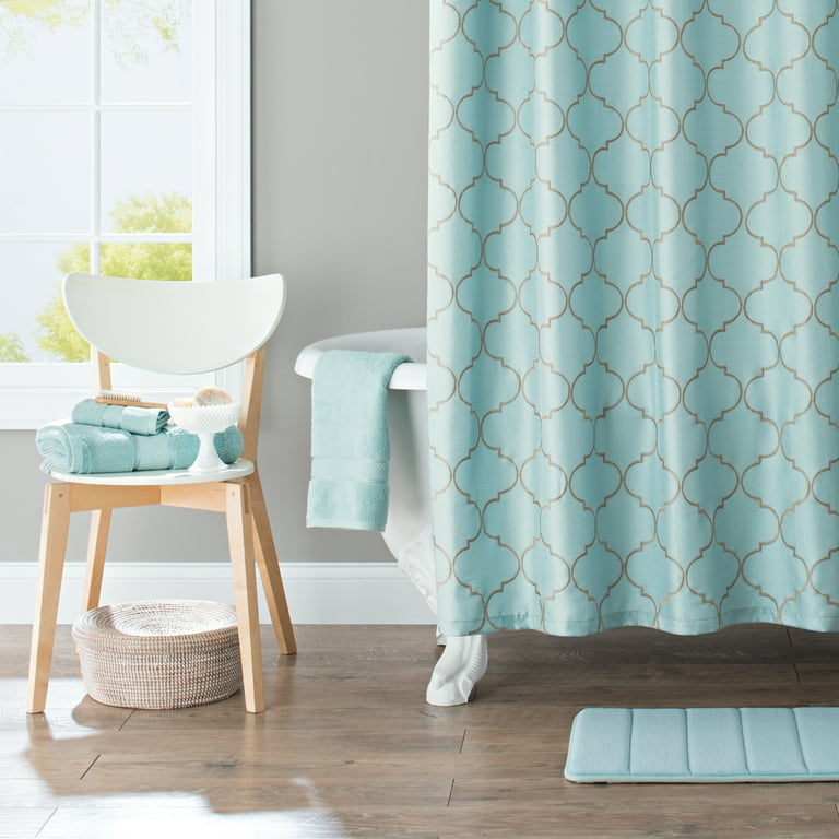 Blue and tan online shower curtain