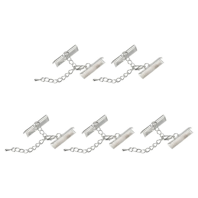 Unique Bargains 10Set Ribbon Crimp Clamp Ends Lobster Claw Clasps & Chain 25mm Silver Tone for DIY